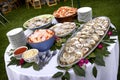 Seafood spread on a table outdoors Royalty Free Stock Photo