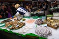 Seafood stall in the Mercat de Sant Josep de la Boqueria, a typical Spanish market in Barcelona