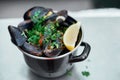 Seafood Stew in Saucepan. Authentic italian restaurant cuisine, healthy delicatessen food.