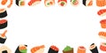 Seafood sushi rolls in horizontal banner. Ikura sushi, tobiko maki, philadelphia roll, onigiri, shrimp nigiri, tekkamaki Royalty Free Stock Photo