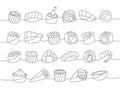 Seafood sushi rolls. Japanese traditional food one line drawing. Ikura sushi, tobiko maki, philadelphia roll, onigiri Royalty Free Stock Photo