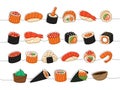 Seafood sushi rolls. Japanese traditional food one line drawing. Ikura sushi, tobiko maki, philadelphia roll, onigiri Royalty Free Stock Photo