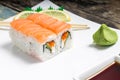 Seafood sushi rolls in plate with chopsticks and japanese spices Royalty Free Stock Photo