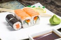 Seafood sushi rolls in plate with chopsticks and japanese spices Royalty Free Stock Photo