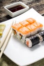 Seafood sushi rolls in white plate with chopsticks and japanese spices Royalty Free Stock Photo