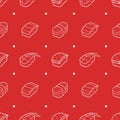 Seafood sushi traditional japanese food set seamless pattern on red background wallpaper in doodle style