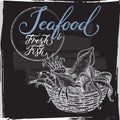 Seafood template with calligraphy on black background. Royalty Free Stock Photo