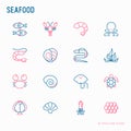 Seafood thin line icons set: lobster, fish, shrimp, octopus, oyster, eel, seaweed, crab, ramp, turtle. Modern vector illustration