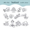 Seafood thin line vector icons set.