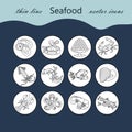 Seafood thin line vector icons set.