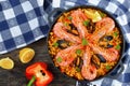 Seafood valencia paella with king prawns Royalty Free Stock Photo