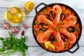 Seafood valencia paella with king prawns Royalty Free Stock Photo