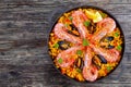 Seafood valencia paella with king prawns Royalty Free Stock Photo