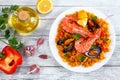 Seafood valencia paella on white plate Royalty Free Stock Photo