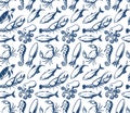Seafood vector pattern. Sea creatures, fish. Fishing and restaurant business texture design. Blue silhouette of fish Royalty Free Stock Photo