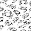 Seafood vector seamless pattern, food vector background