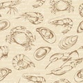 Seafood vector seamless pattern, food vector background in sketch style