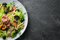 Seafood vegetable salad. Mussels, Octopus, Shrimps, Tuna. Top view. Royalty Free Stock Photo