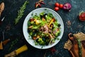 Seafood vegetable salad. Mussels, Octopus, Shrimps, Tuna. Top view. Royalty Free Stock Photo