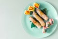 Seafood and vegetable spring rolls and colorful rolls in a blue plate on a light background.