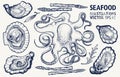 Seafood and vegetables vector set. Vintage hand drawn illustrations. Can be use for restaurants menu, cover, packaging. Retro