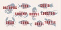 Seafood vintage logo set. Sea creatures, fishing or restaurant emblems. Retro style logo template. Modern emblem idea