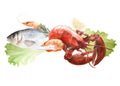 Seafood watercolor illustration, banner isolated on white background.