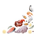 Seafood watercolor illustration, diagonal frame on white background, corner