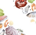 Seafood watercolor illustration, diagonal frame on white background.