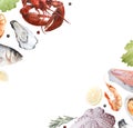 Seafood watercolor illustration, diagonal frame on white background.