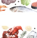 Seafood watercolor illustration, rectangular frame on white background.