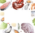 Seafood watercolor illustration, rectangular frame on white background.