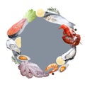 Seafood watercolor illustration, round frame, gray circle, on white background.
