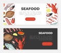 Seafood web banners set. Fish market, restaurant, fishery products shop landing page Royalty Free Stock Photo