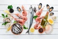 Seafood on a white wooden background. Fresh fish, shrimp, oysters and caviar. Royalty Free Stock Photo