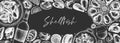 Seafood and wine banner design. Shellfish frame with mollusks, shrimps, fish sketches. Perfect for recipe, menu, delivery,