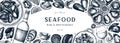 Seafood and wine banner design. Shellfish frame with mollusks, shrimps, fish sketches. Perfect for recipe, menu, delivery,