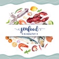 Seafood wreath design with fish, shrimp, oyster illustration watercolor