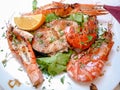 Seafoods dish with fish and shrimps grilled Royalty Free Stock Photo