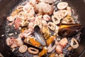 Seafoods on pan Royalty Free Stock Photo