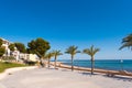 Seafront, beach, coast in Spain in L`Hospitalet de l`Infant, Tarragona, Catalunya, Spain. Copy space for text.