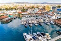 Seafront cafes and restaurants in Limassol marina, aerial view Royalty Free Stock Photo