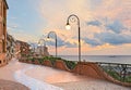 Seafront at dawn in Ortona, Abruzzo, Italy - beautiful terrace with street lamp on the Adriatic sea Royalty Free Stock Photo