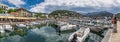 The seafront and harbour at Port de Soller with yachts and boats, Spain