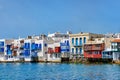 Seafront Little Venice of Mykonos town or Chora, Cyclades, Greece. Bars, cafes, restaurants in whitewashed old houses