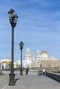 Seafront and rail bicycle to the evening, to the fund the cathedral of the holy cross, In cadiz, Andalusia, Spain