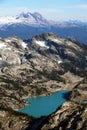 Aerial view of a colorful alpine lake in the Coast Mountains of British Columbia Royalty Free Stock Photo