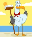 Seagull Bird Sailor Cartoon Character With Cleaning Brush