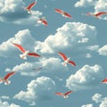 Seagull birds with red wings and clouds, seamless pattern. Beautiful tileble illustration Royalty Free Stock Photo