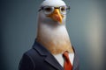 Seagull business portrait dressed as a manager or ceo in a formal office business suit with glasses and tie. Ai generated